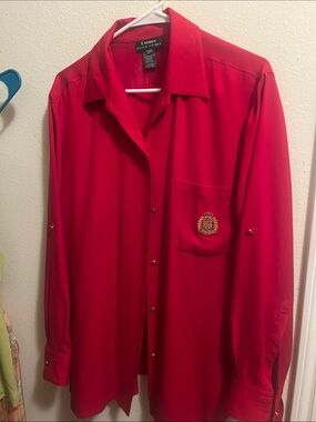Lauren Ralph Lauren Red Long Sleeve Casual Button-Down Shirt with Crest